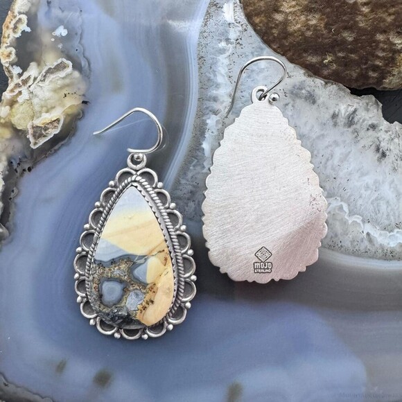 Sterling Silver Southwestern Style Teardrop Maligano Jasper Dangle Earrings - Picture 7 of 10